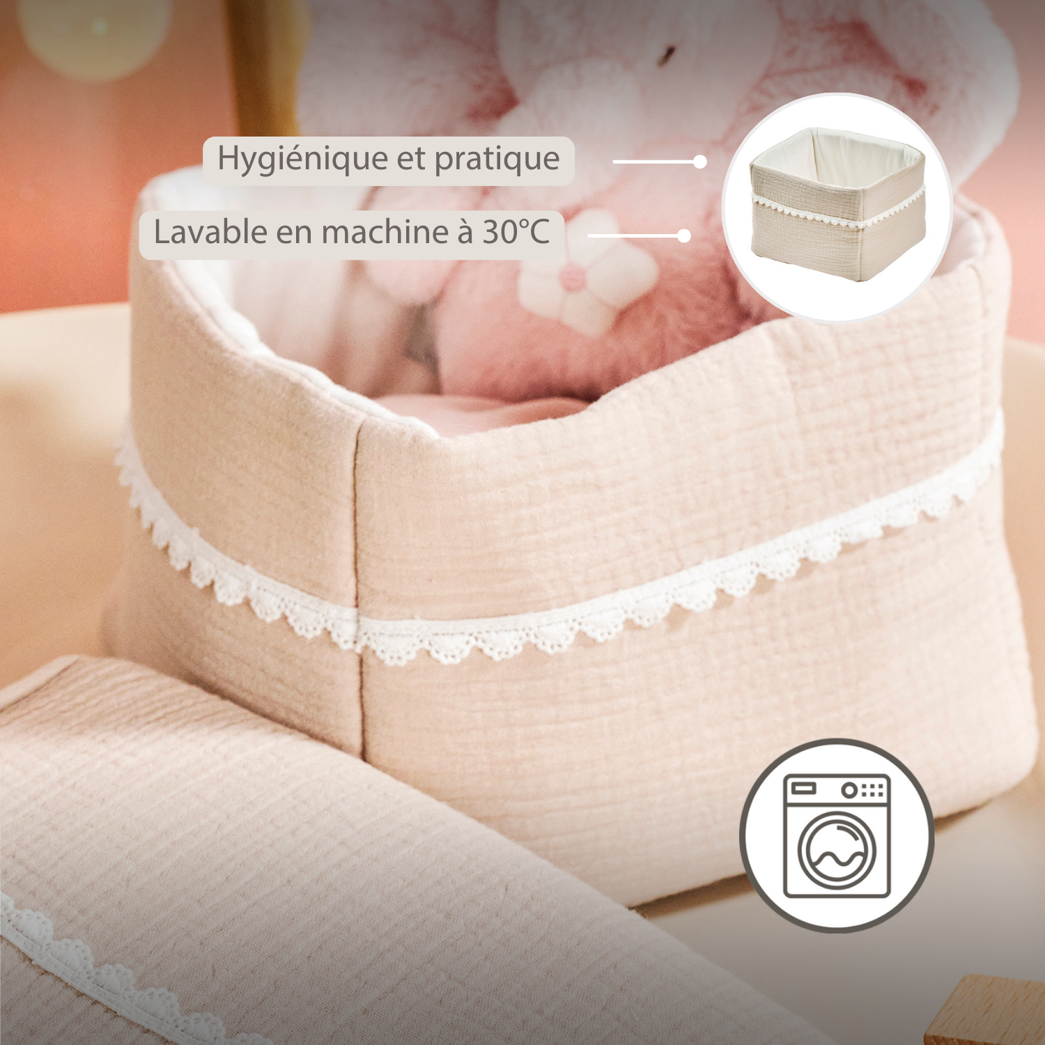 FanFan Care Basket Sand 20x20 cm – Baby Storage Basket – Tetra Cotton – Baby Accessory [FR]