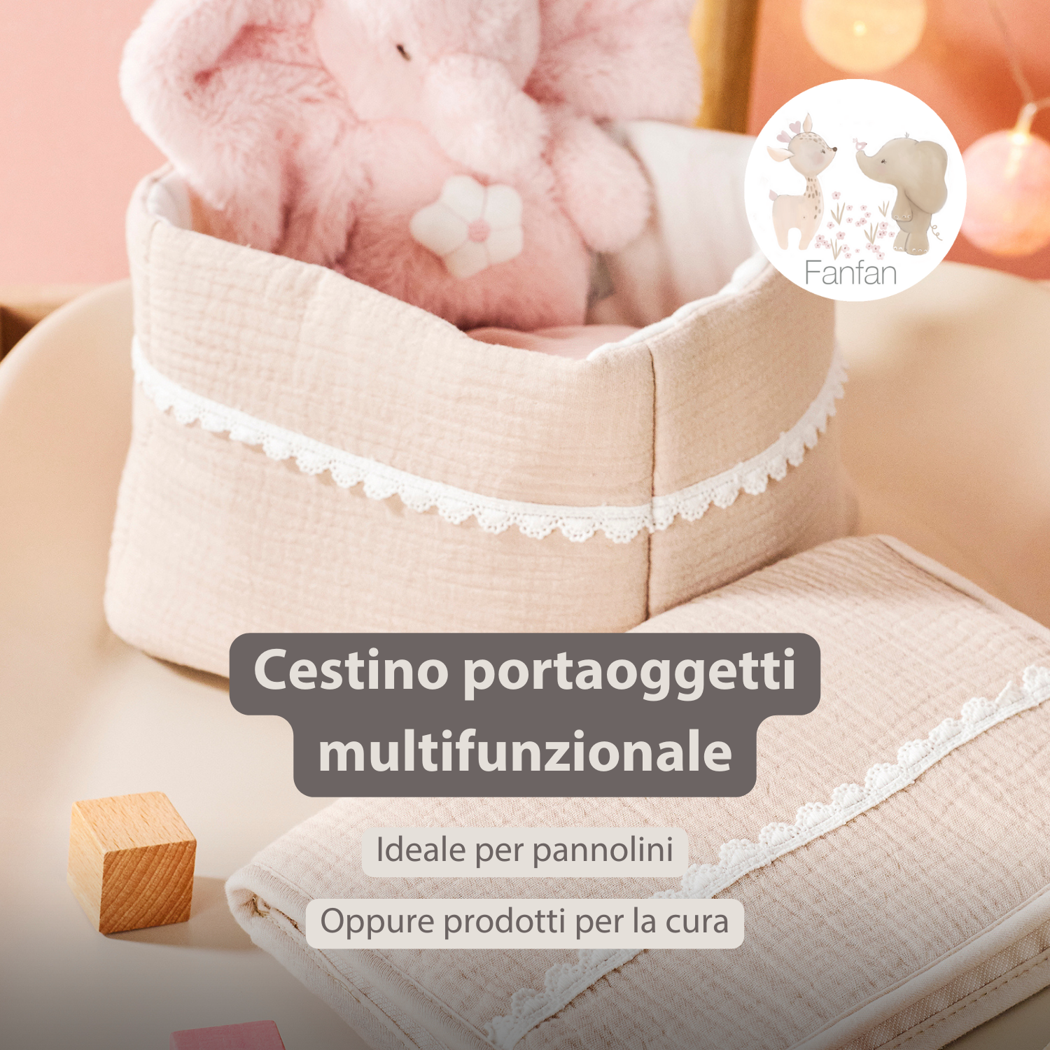 FanFan Care Basket Sand 20x20 cm – Baby Storage Basket – Tetra Cotton – Baby Accessory [IT]