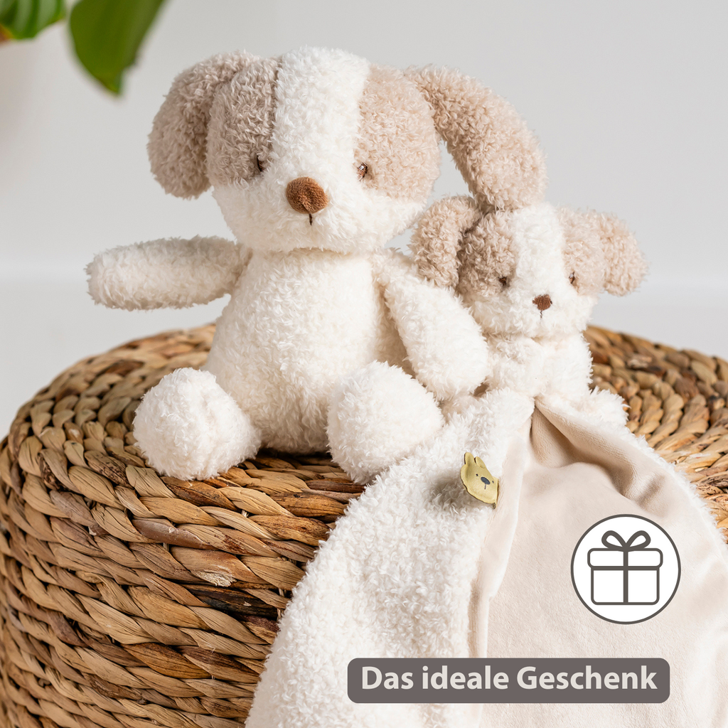 TEDDY Baby Plush Dog – 25 cm – Soft Baby Cuddle Toy – White & Beige [DE]