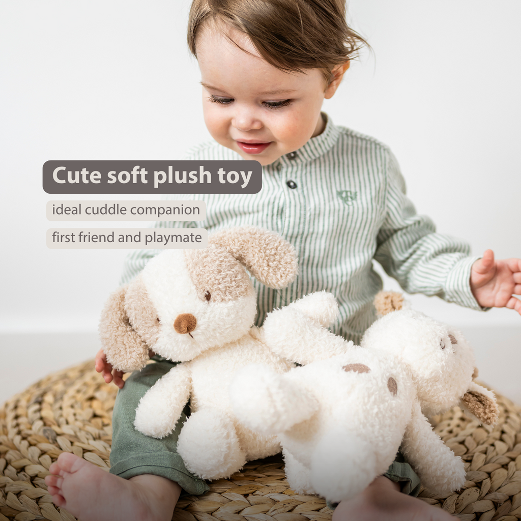 TEDDY Baby Plush Dog – 25 cm – Soft Baby Cuddle Toy – White & Beige [EN]