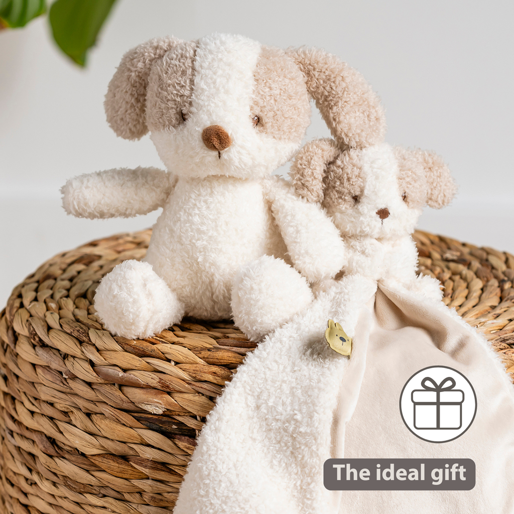 TEDDY Baby Plush Dog – 25 cm – Soft Baby Cuddle Toy – White & Beige [EN]