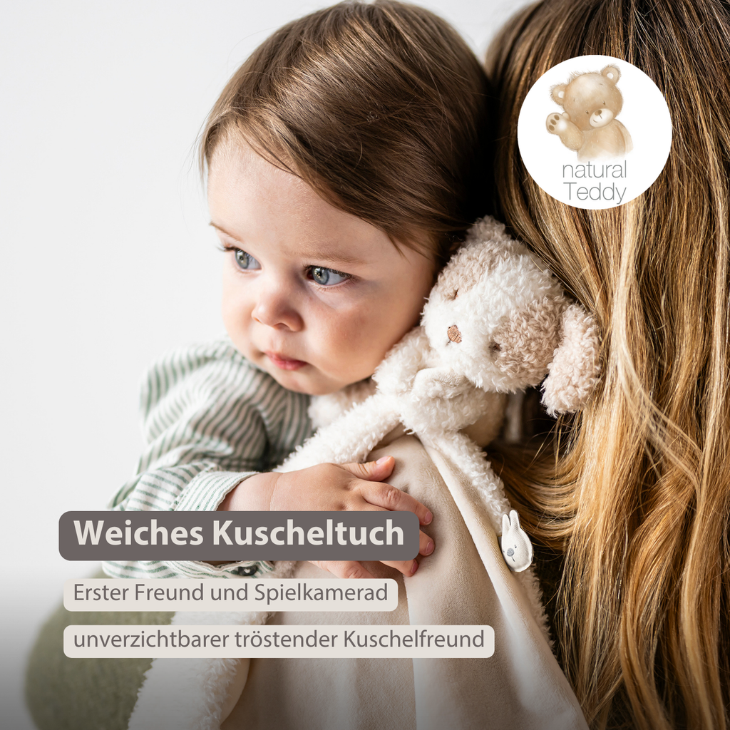 TEDDY Baby Comfort Blanket with Cuddle Toy – 27 x 27 cm – Doudou Dog – Beige [DE]