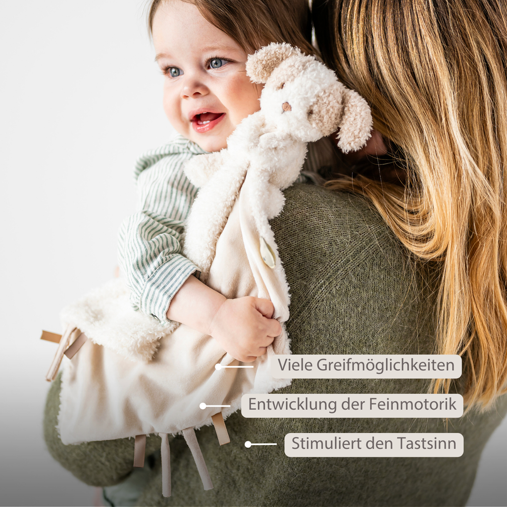 TEDDY Baby Comfort Blanket with Cuddle Toy – 27 x 27 cm – Doudou Dog – Beige [DE]