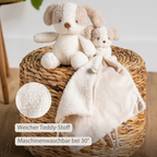 TEDDY Baby Comfort Blanket with Cuddle Toy – 27 x 27 cm – Doudou Dog – Beige [DE]