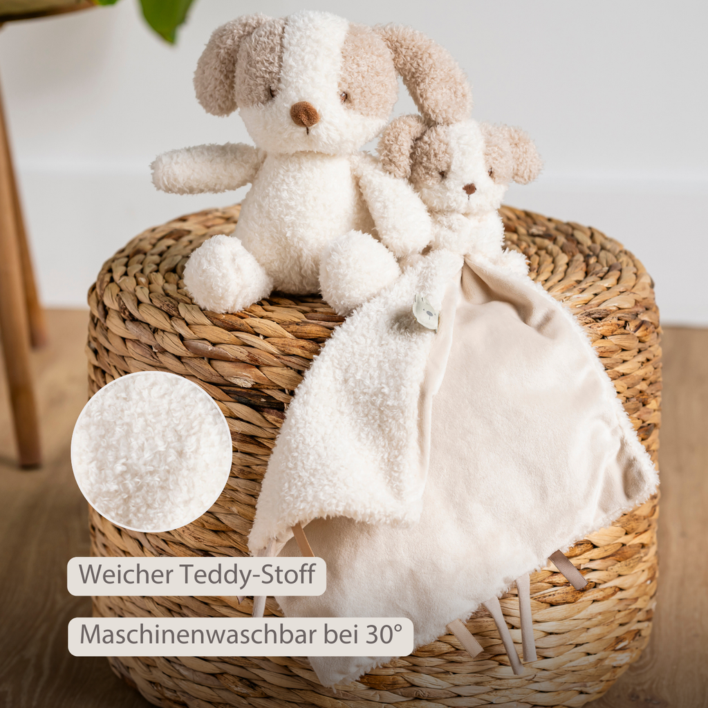 TEDDY Baby Comfort Blanket with Cuddle Toy – 27 x 27 cm – Doudou Dog – Beige [DE]