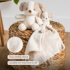TEDDY Baby Comfort Blanket with Cuddle Toy – 27 x 27 cm – Doudou Dog – Beige [FR]