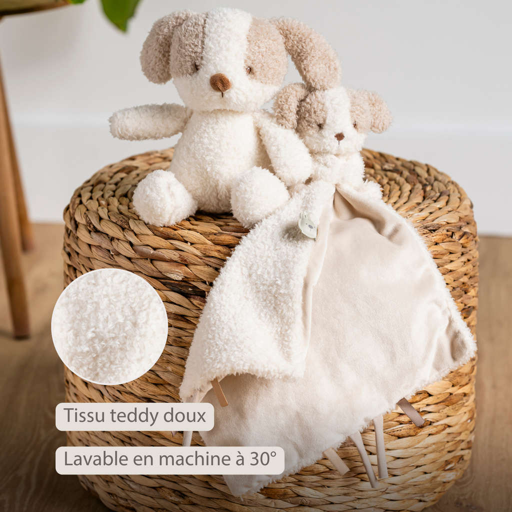 TEDDY Baby Comfort Blanket with Cuddle Toy – 27 x 27 cm – Doudou Dog – Beige [FR]