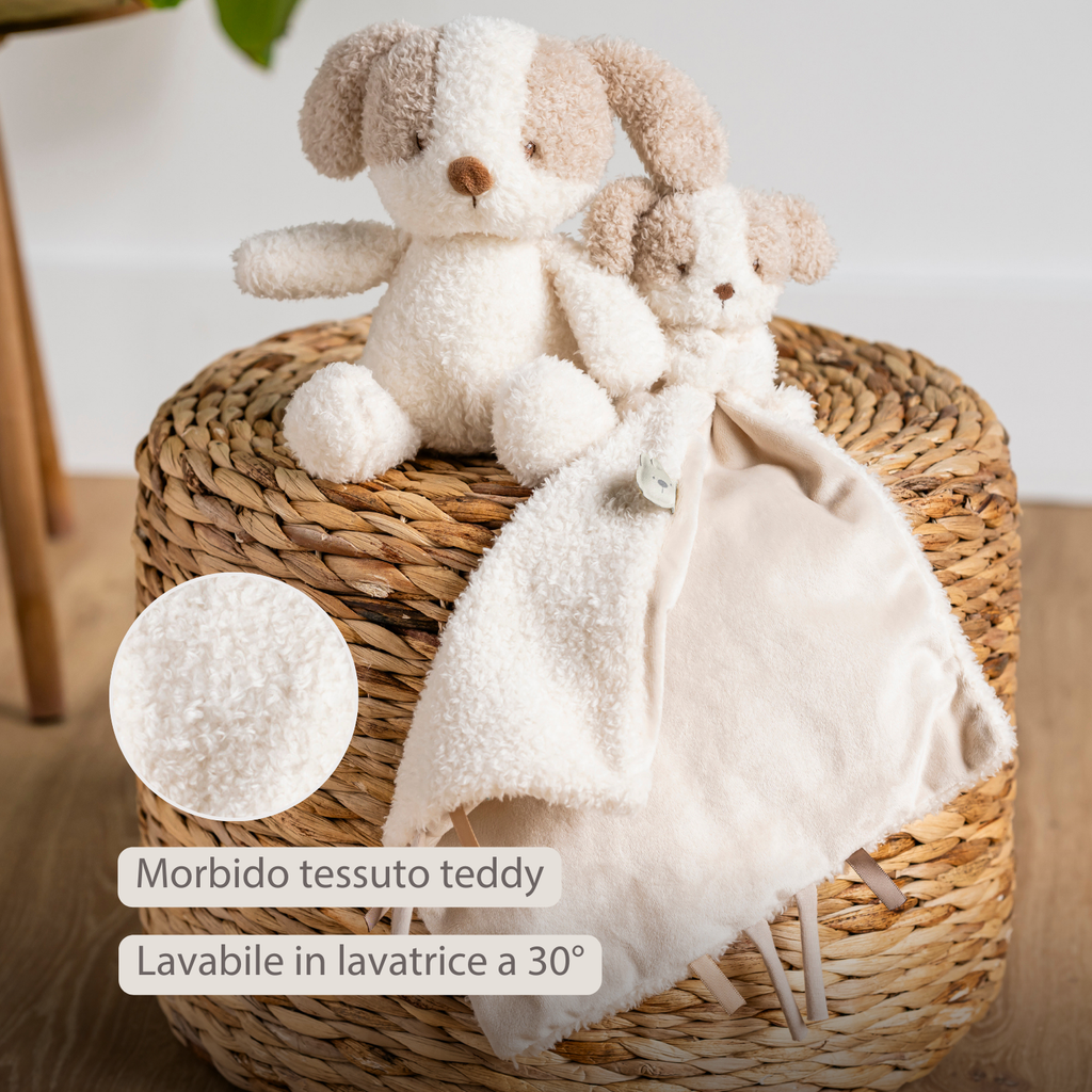 TEDDY Baby Comfort Blanket with Cuddle Toy – 27 x 27 cm – Doudou Dog – Beige [IT]