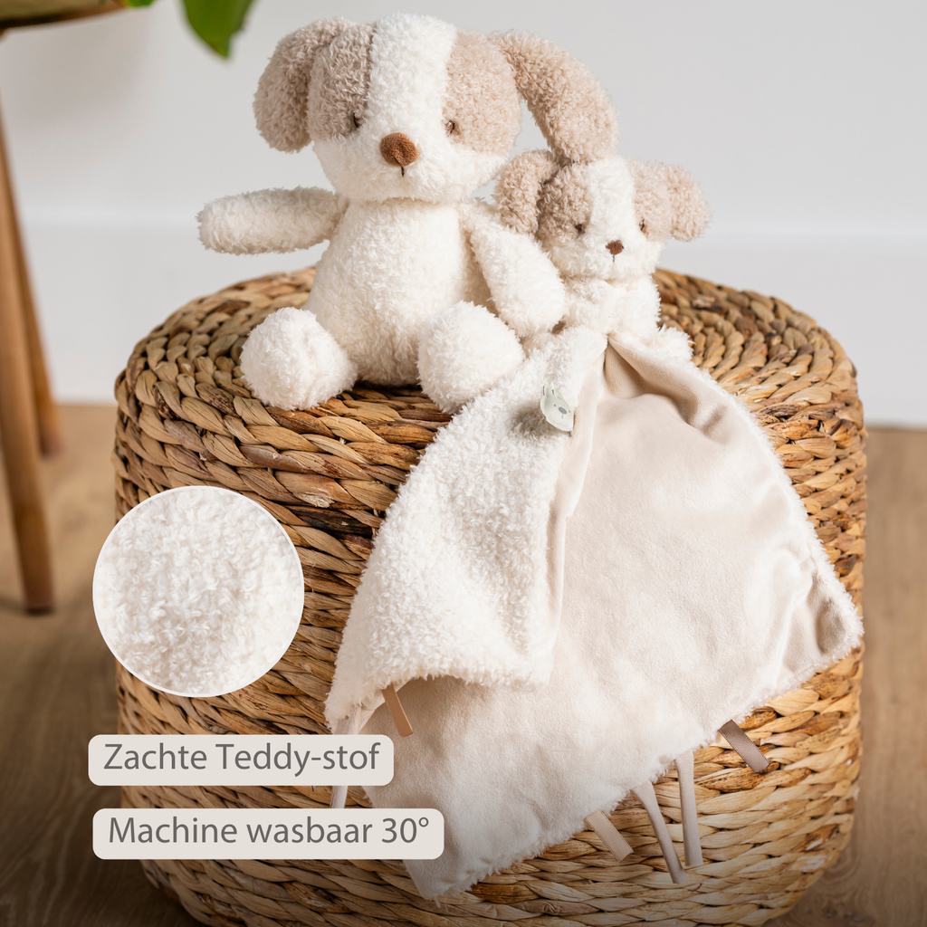 TEDDY Baby Comfort Blanket with Cuddle Toy – 27 x 27 cm – Doudou Dog – Beige [NL]