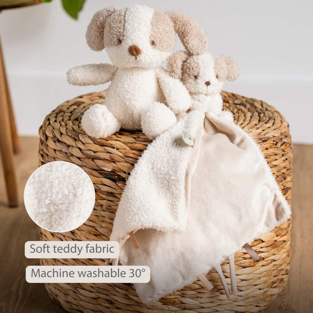 TEDDY Baby Comfort Blanket with Cuddle Toy – 27 x 27 cm – Doudou Dog – Beige [EN]