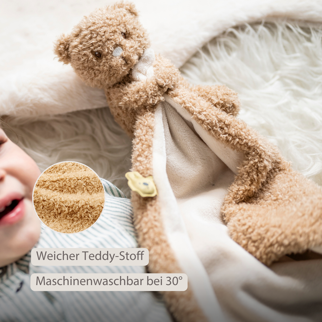 TEDDY Baby Comfort Blanket with Cuddle Toy – 27 x 27 cm – Doudou Bear – Beige [DE]