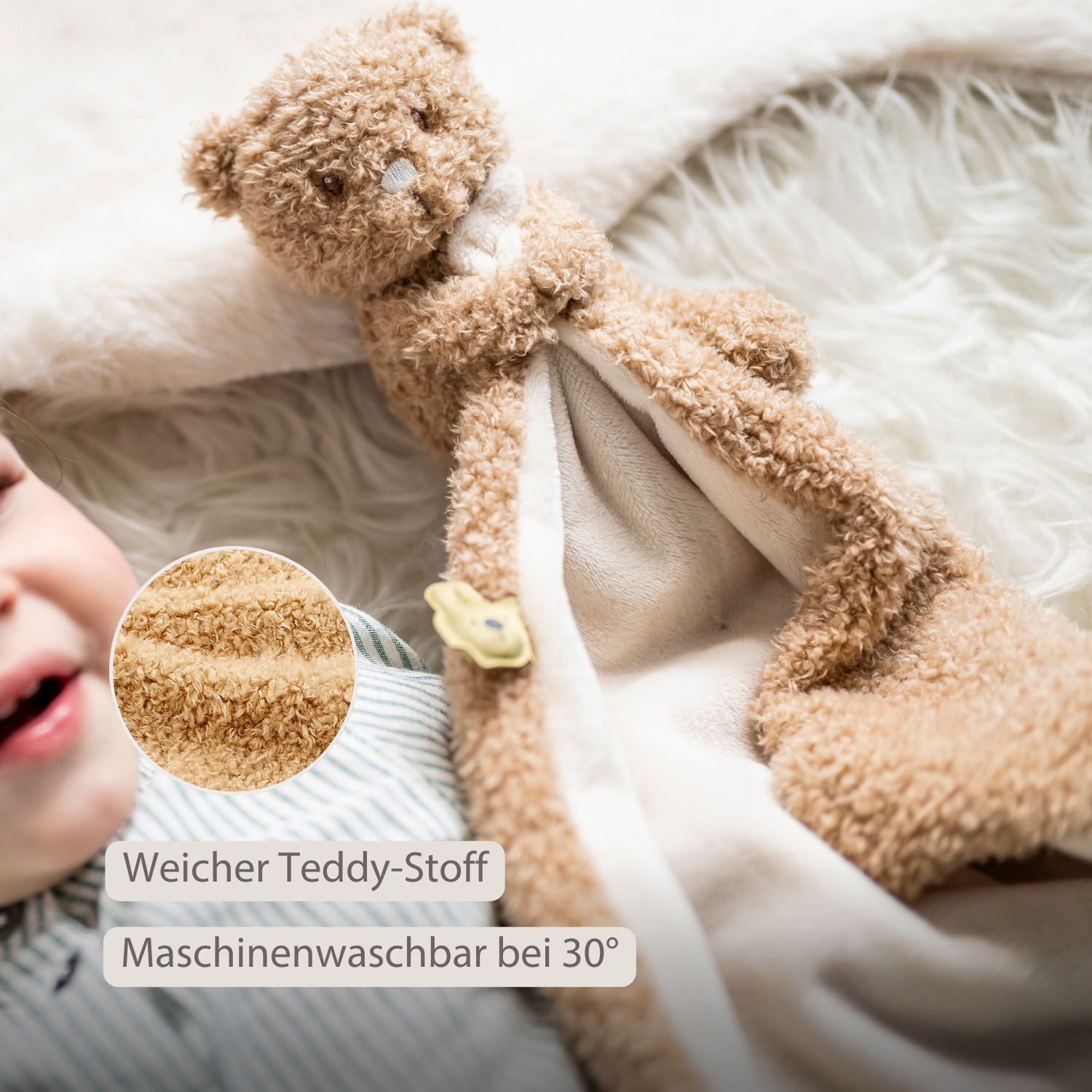 TEDDY Baby Comfort Blanket with Cuddle Toy – 27 x 27 cm – Doudou Bear – Beige [DE]