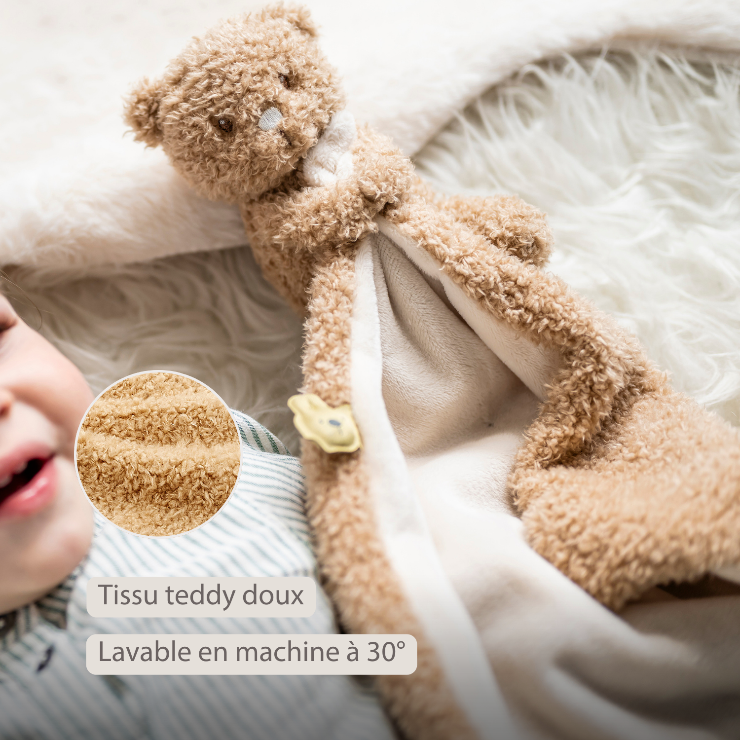 TEDDY Baby Comfort Blanket with Cuddle Toy – 27 x 27 cm – Doudou Bear – Beige [FR]