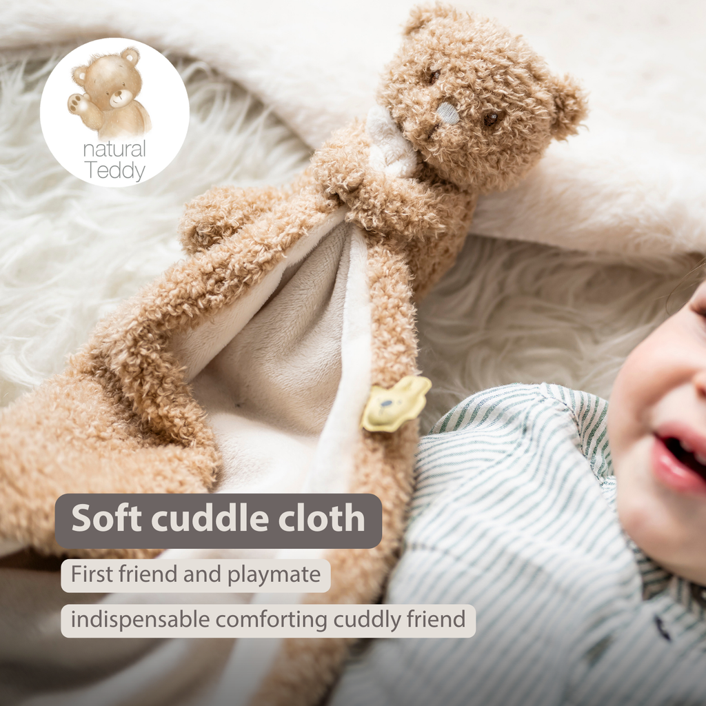 TEDDY Baby Comfort Blanket with Cuddle Toy – 27 x 27 cm – Doudou Bear – Beige [EN]