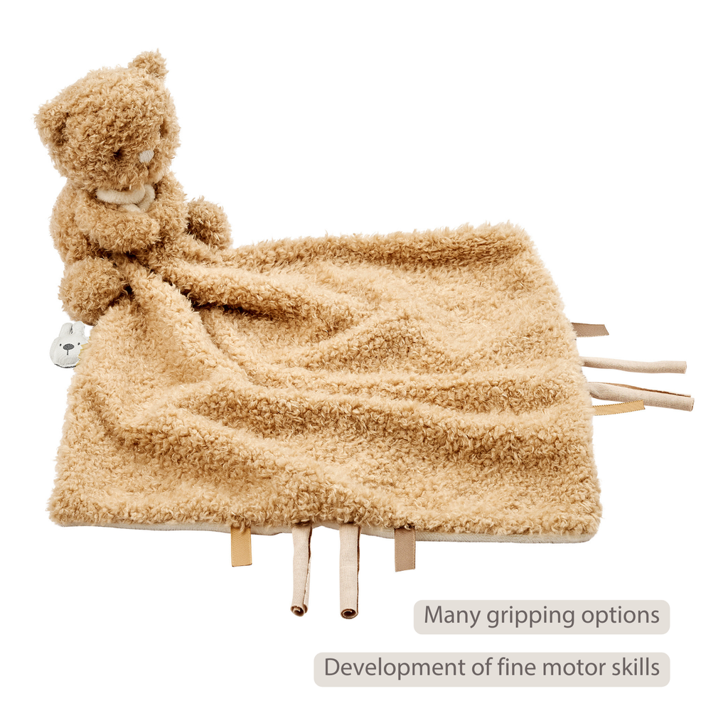 TEDDY Baby Comfort Blanket with Cuddle Toy – 27 x 27 cm – Doudou Bear – Beige [EN]
