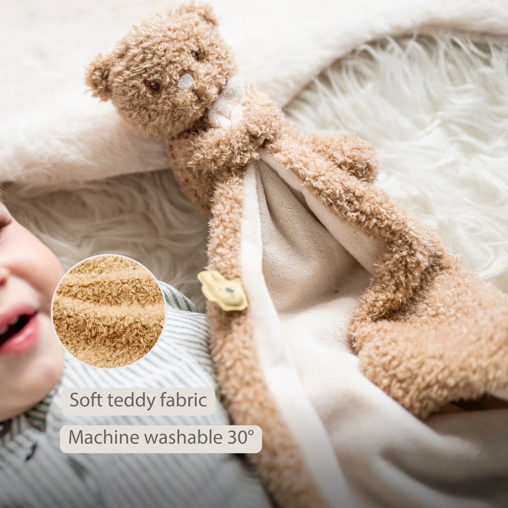 TEDDY Baby Comfort Blanket with Cuddle Toy – 27 x 27 cm – Doudou Bear – Beige [EN]