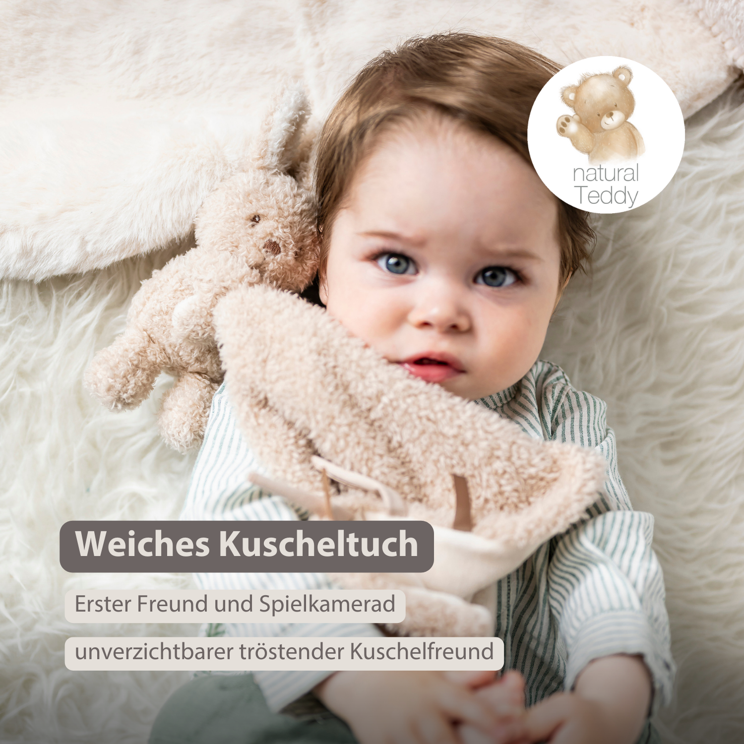 TEDDY Baby Comfort Blanket with Cuddle Toy – 27 x 27 cm – Doudou Bunny – Beige [DE]