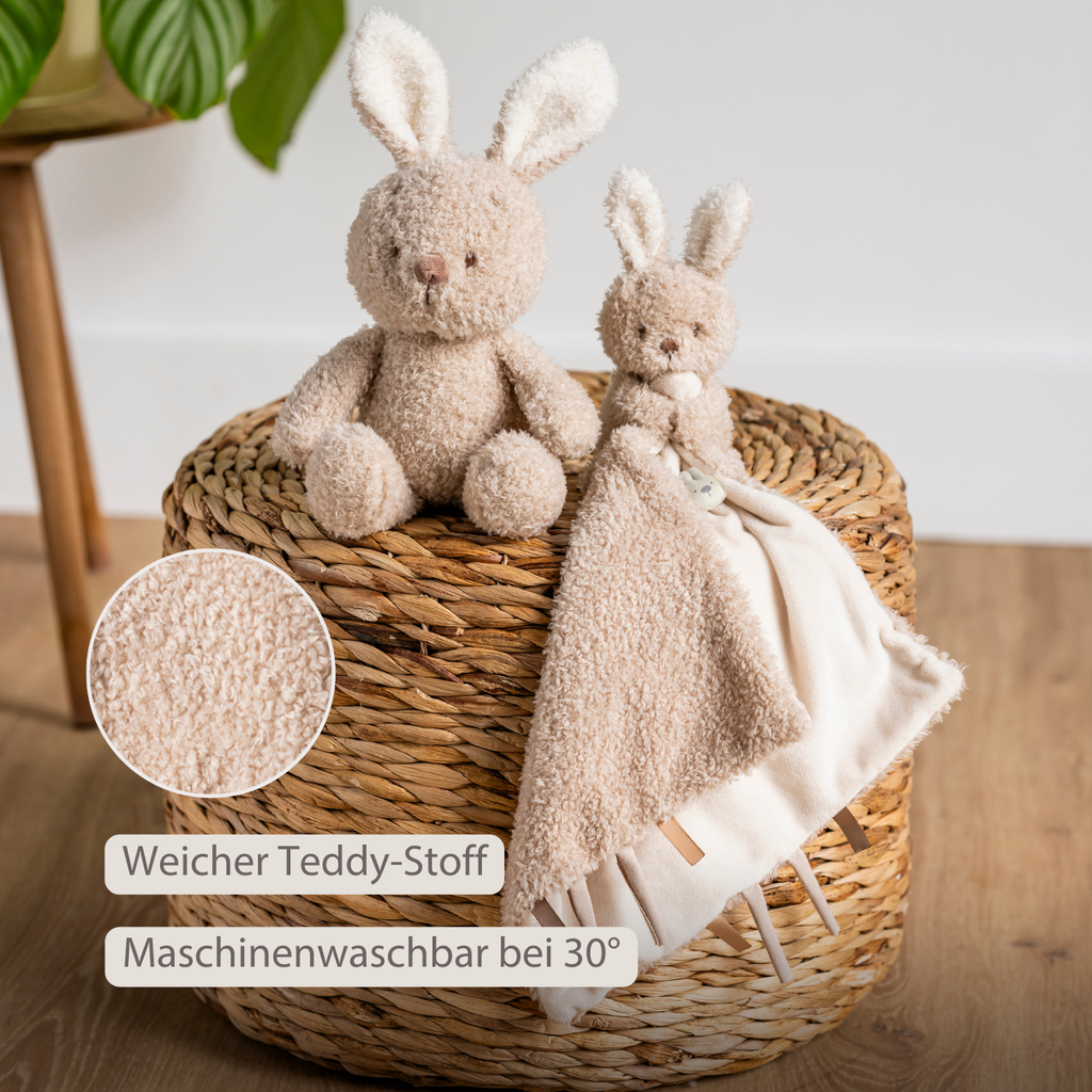 TEDDY Baby Comfort Blanket with Cuddle Toy – 27 x 27 cm – Doudou Bunny – Beige [DE]