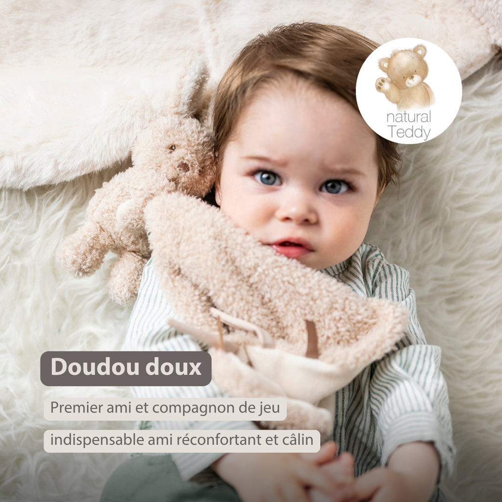 TEDDY Baby Comfort Blanket with Cuddle Toy – 27 x 27 cm – Doudou Bunny – Beige [FR]