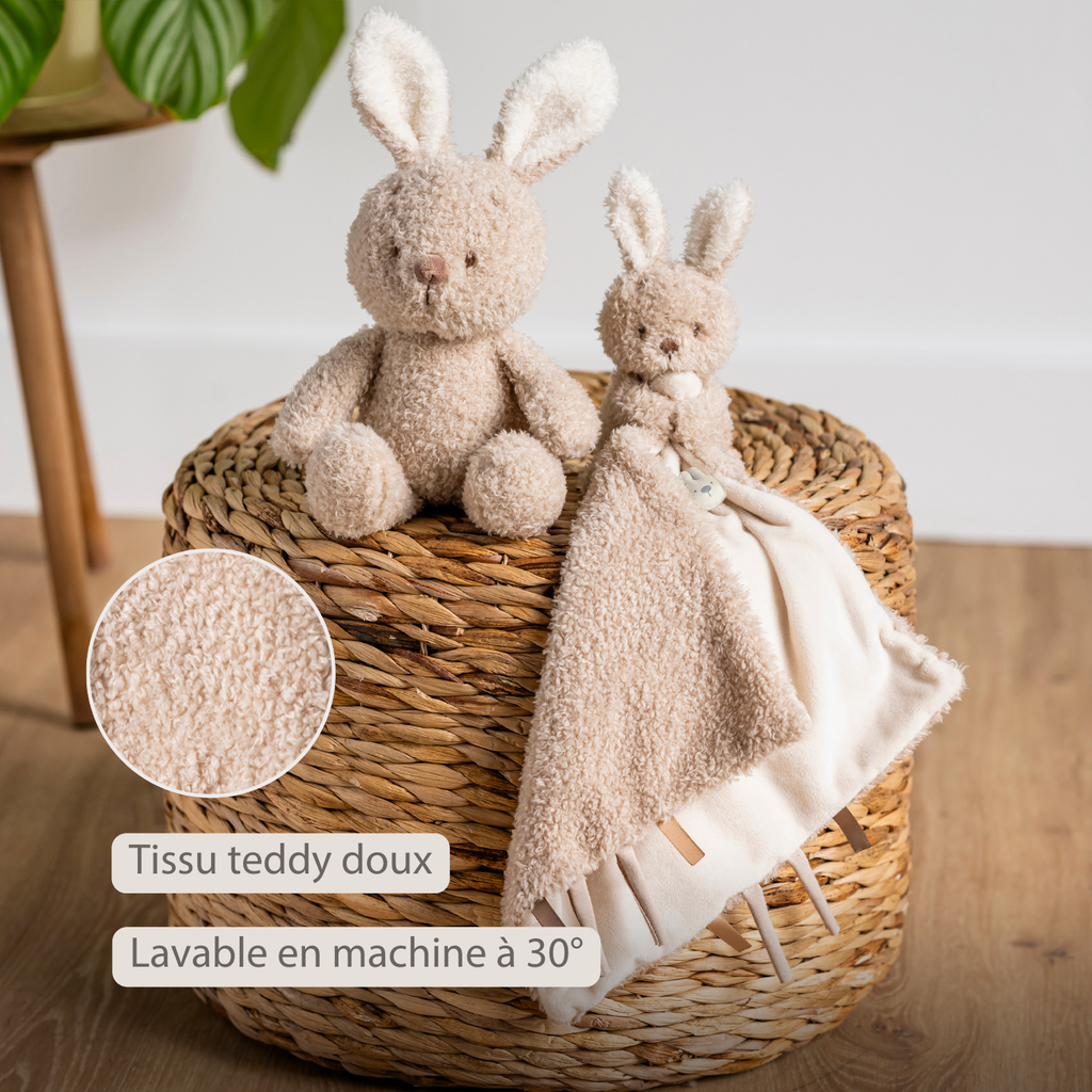 TEDDY Baby Comfort Blanket with Cuddle Toy – 27 x 27 cm – Doudou Bunny – Beige [FR]