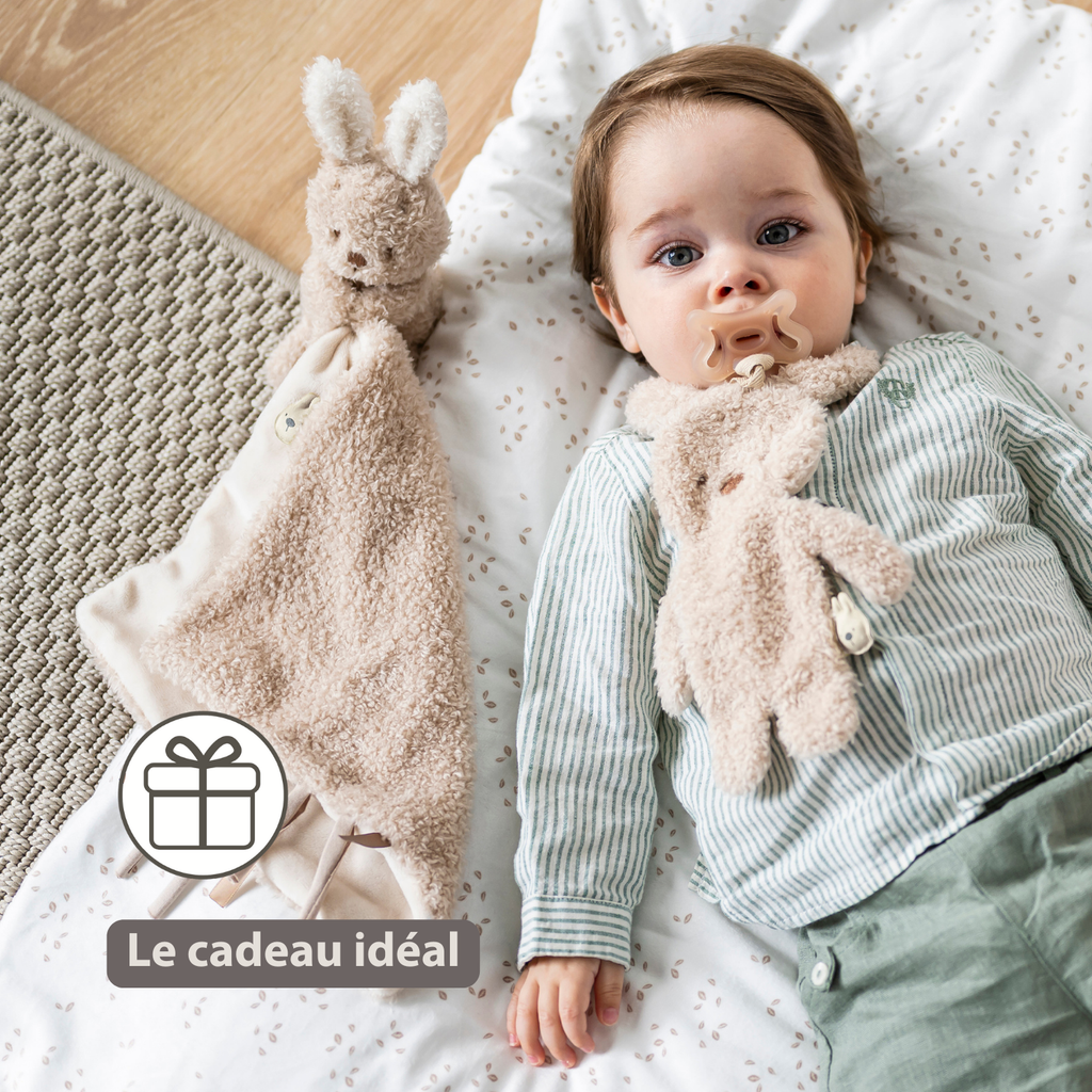 TEDDY Baby Comfort Blanket with Cuddle Toy – 27 x 27 cm – Doudou Bunny – Beige [FR]