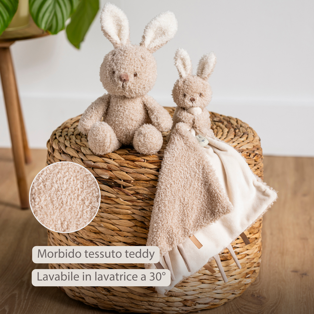 TEDDY Baby Comfort Blanket with Cuddle Toy – 27 x 27 cm – Doudou Bunny – Beige [IT]