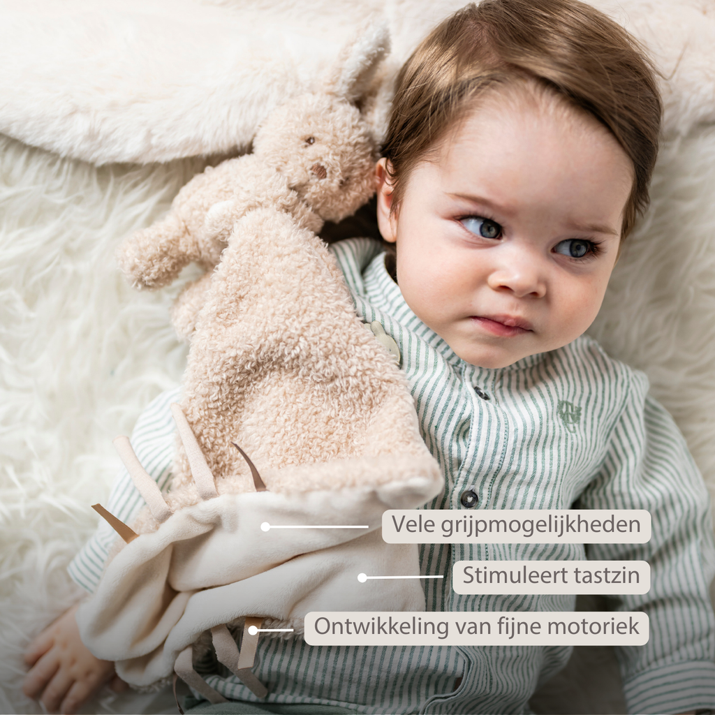 TEDDY Baby Comfort Blanket with Cuddle Toy – 27 x 27 cm – Doudou Bunny – Beige [NL]