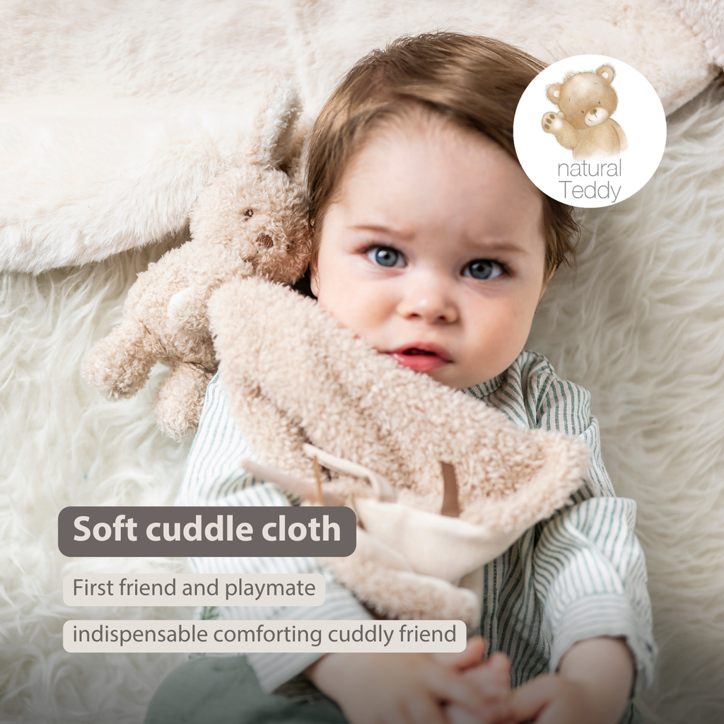 TEDDY Baby Comfort Blanket with Cuddle Toy – 27 x 27 cm – Doudou Bunny – Beige [EN]