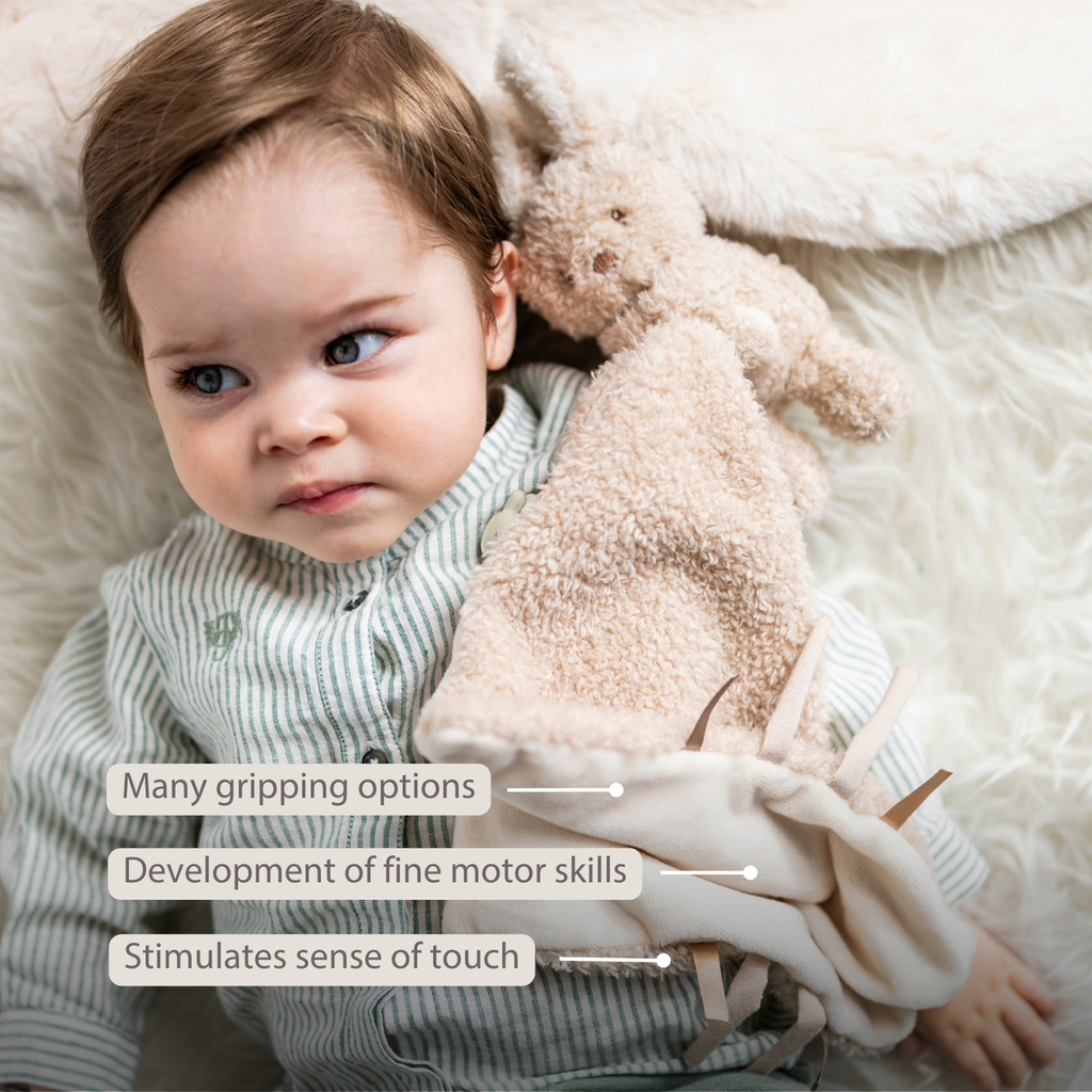TEDDY Baby Comfort Blanket with Cuddle Toy – 27 x 27 cm – Doudou Bunny – Beige [EN]