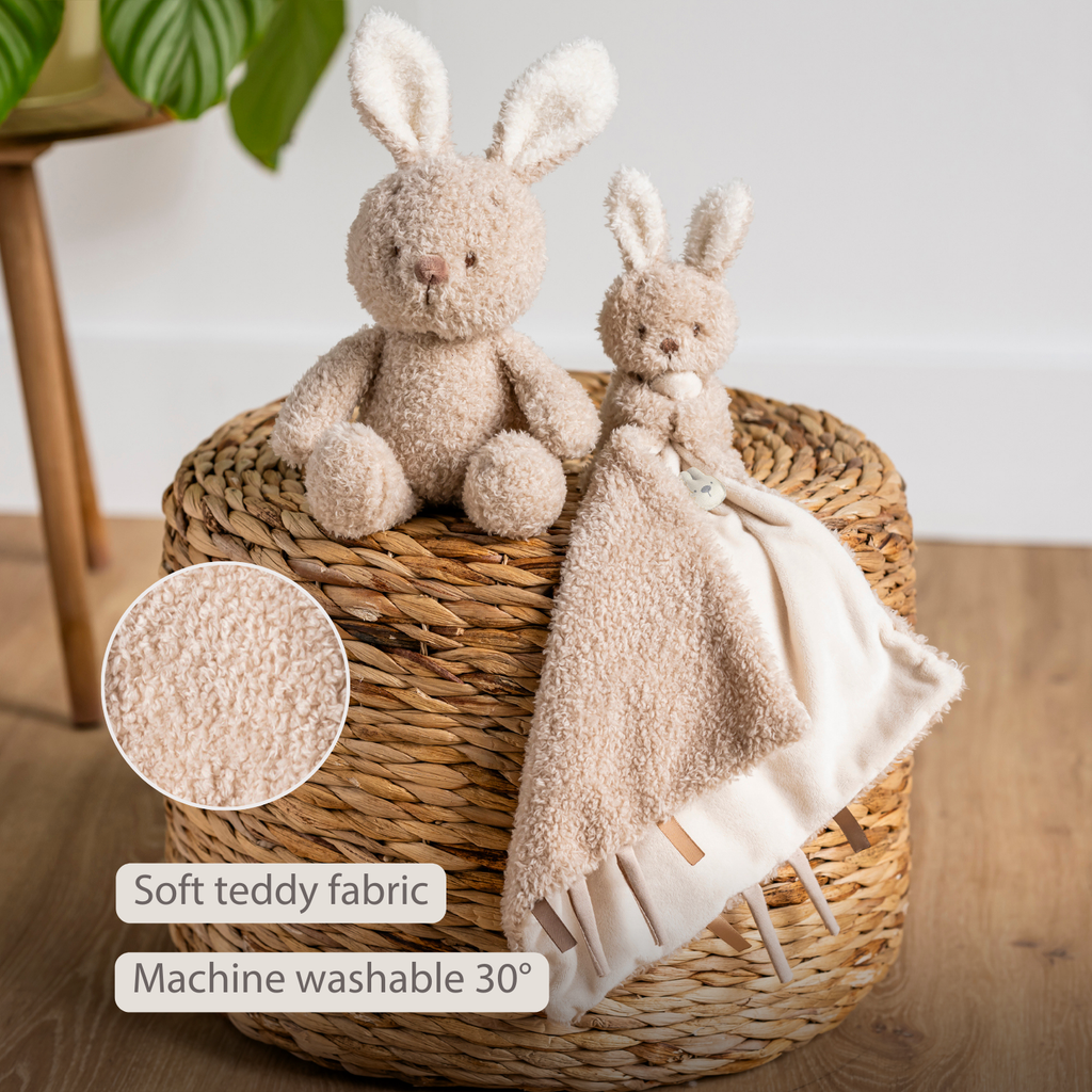 TEDDY Baby Comfort Blanket with Cuddle Toy – 27 x 27 cm – Doudou Bunny – Beige [EN]