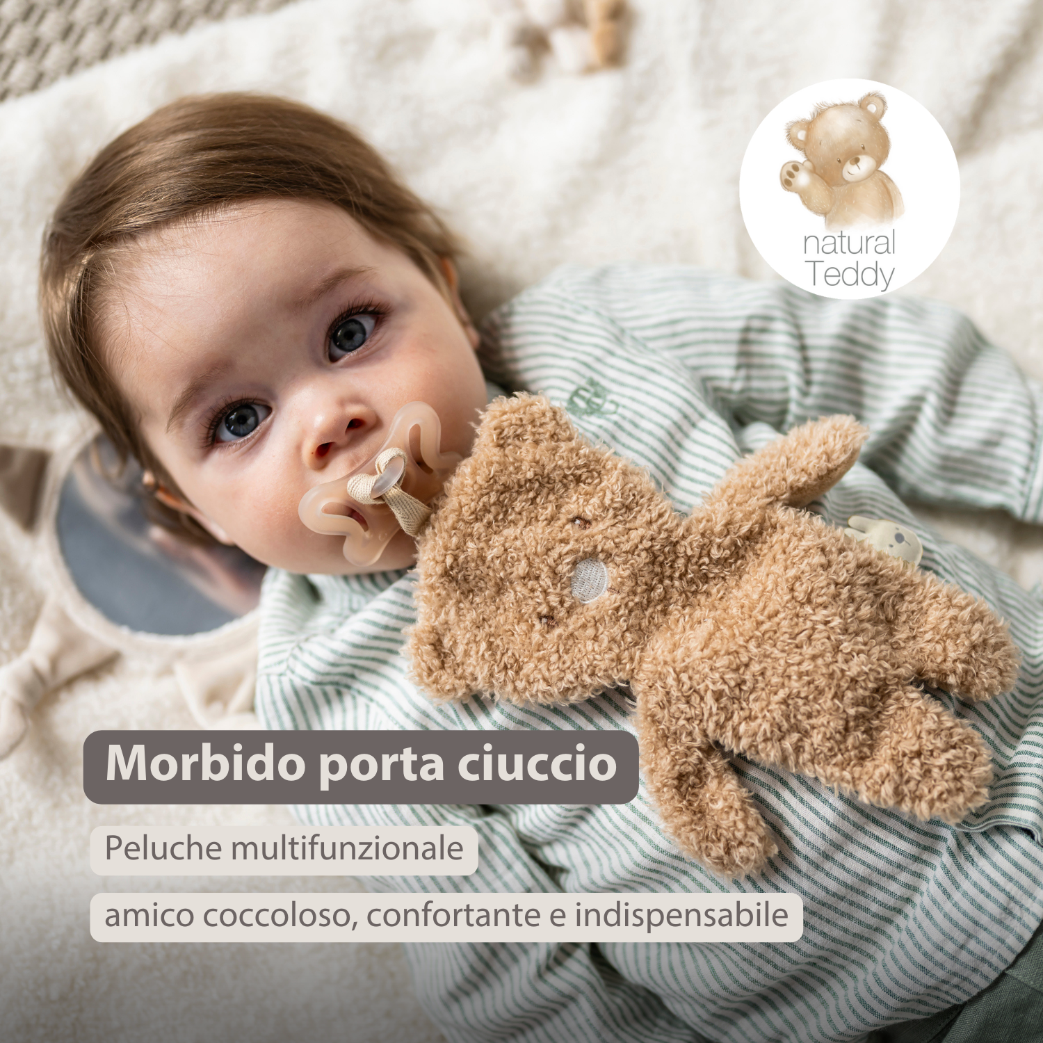 TEDDY Baby Pacifier Cloth – 26 cm – Bear Doudou as Pacifier Holder – Beige [IT]