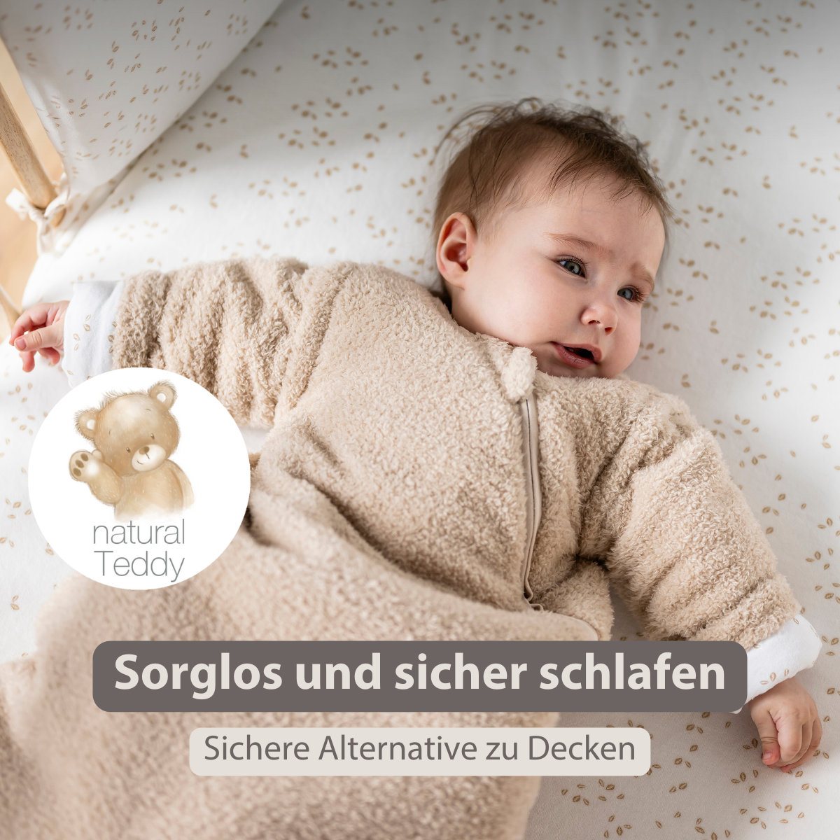 TEDDY Sleeping Bag Teddy Beige 70 cm – Detachable Sleeves – TOG 2.5 – Soft Baby Sleeping Bag [DE]