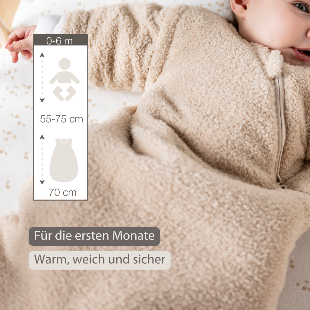 TEDDY Sleeping Bag Teddy Beige 70 cm – Detachable Sleeves – TOG 2.5 – Soft Baby Sleeping Bag [DE]