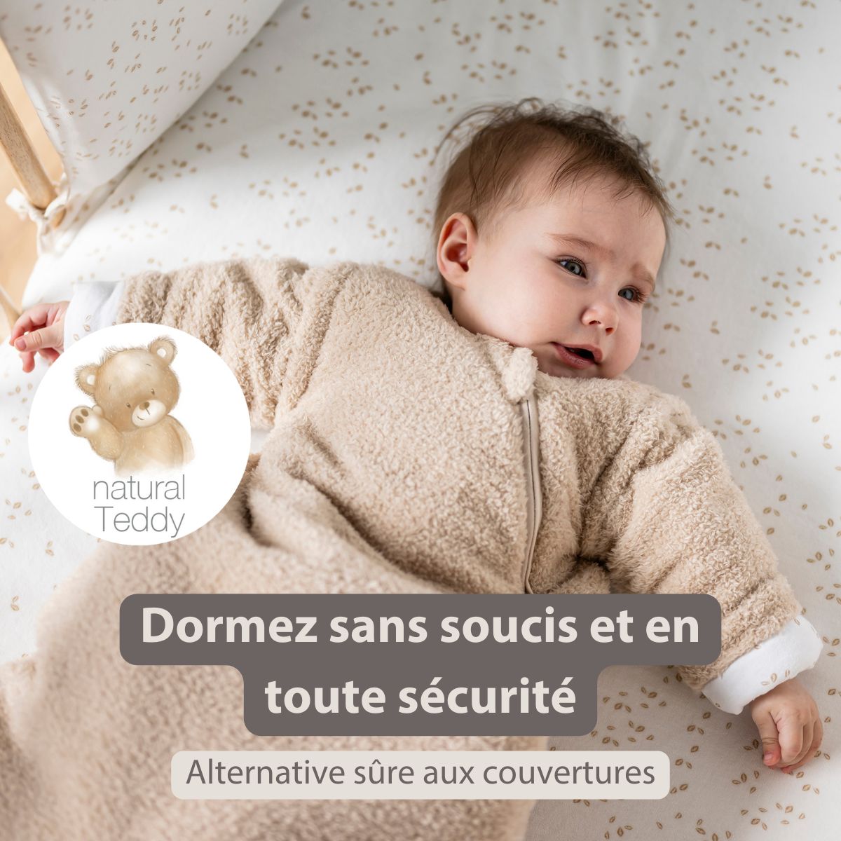 TEDDY Sleeping Bag Teddy Beige 70 cm – Detachable Sleeves – TOG 2.5 – Soft Baby Sleeping Bag [FR]