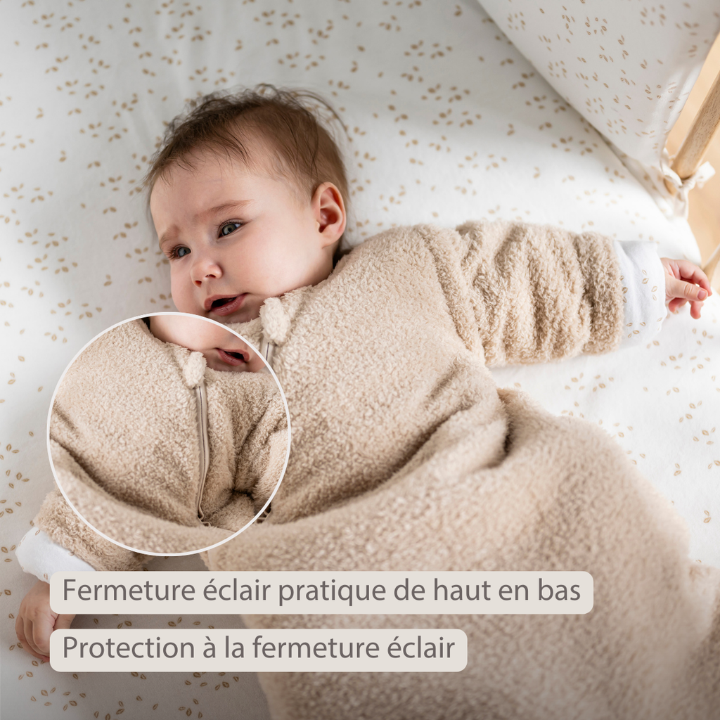 TEDDY Sleeping Bag Teddy Beige 70 cm – Detachable Sleeves – TOG 2.5 – Soft Baby Sleeping Bag [FR]
