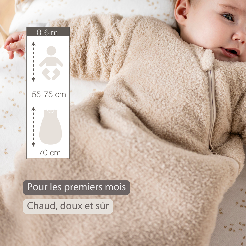 TEDDY Sleeping Bag Teddy Beige 70 cm – Detachable Sleeves – TOG 2.5 – Soft Baby Sleeping Bag [FR]