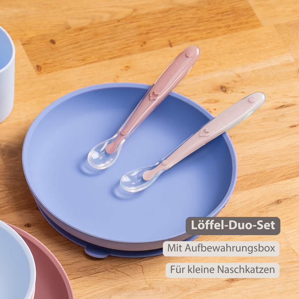 Mealtime Eating Sets - Silicone Spoons for Children - 2 Pieces - 16 cm - Storage Box for 1 Spoon - BPA-Free - Powder Pink [DE]
