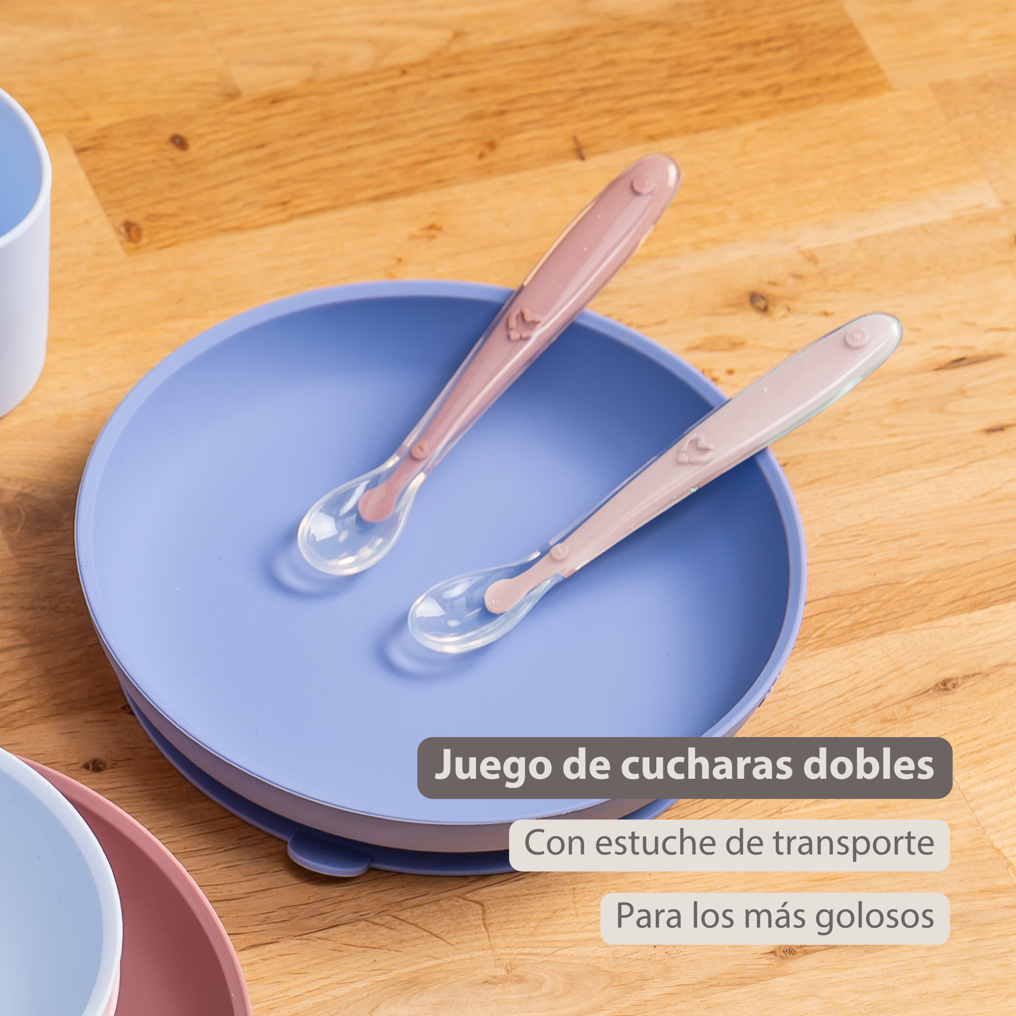 Mealtime Eating Sets - Silicone Spoons for Children - 2 Pieces - 16 cm - Storage Box for 1 Spoon - BPA-Free - Powder Pink [ES]