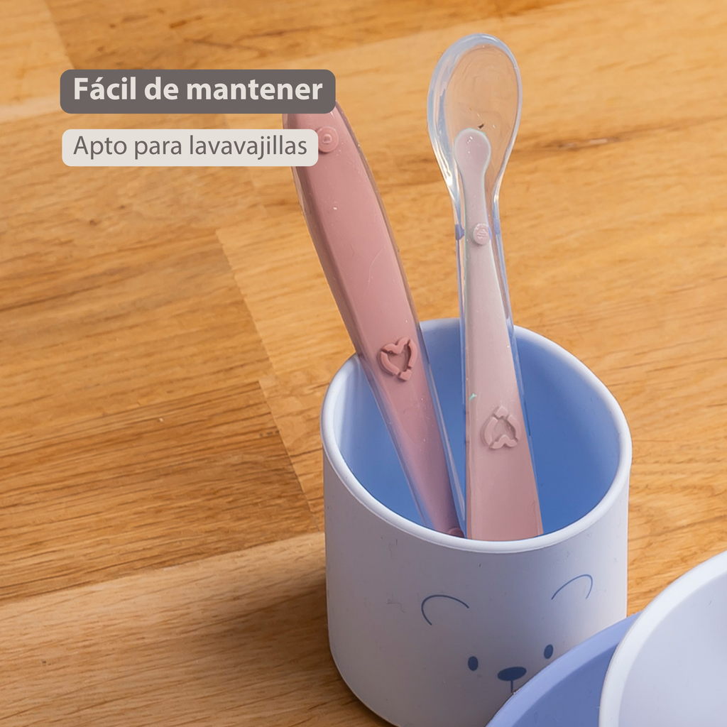 Mealtime Eating Sets - Silicone Spoons for Children - 2 Pieces - 16 cm - Storage Box for 1 Spoon - BPA-Free - Powder Pink [ES]