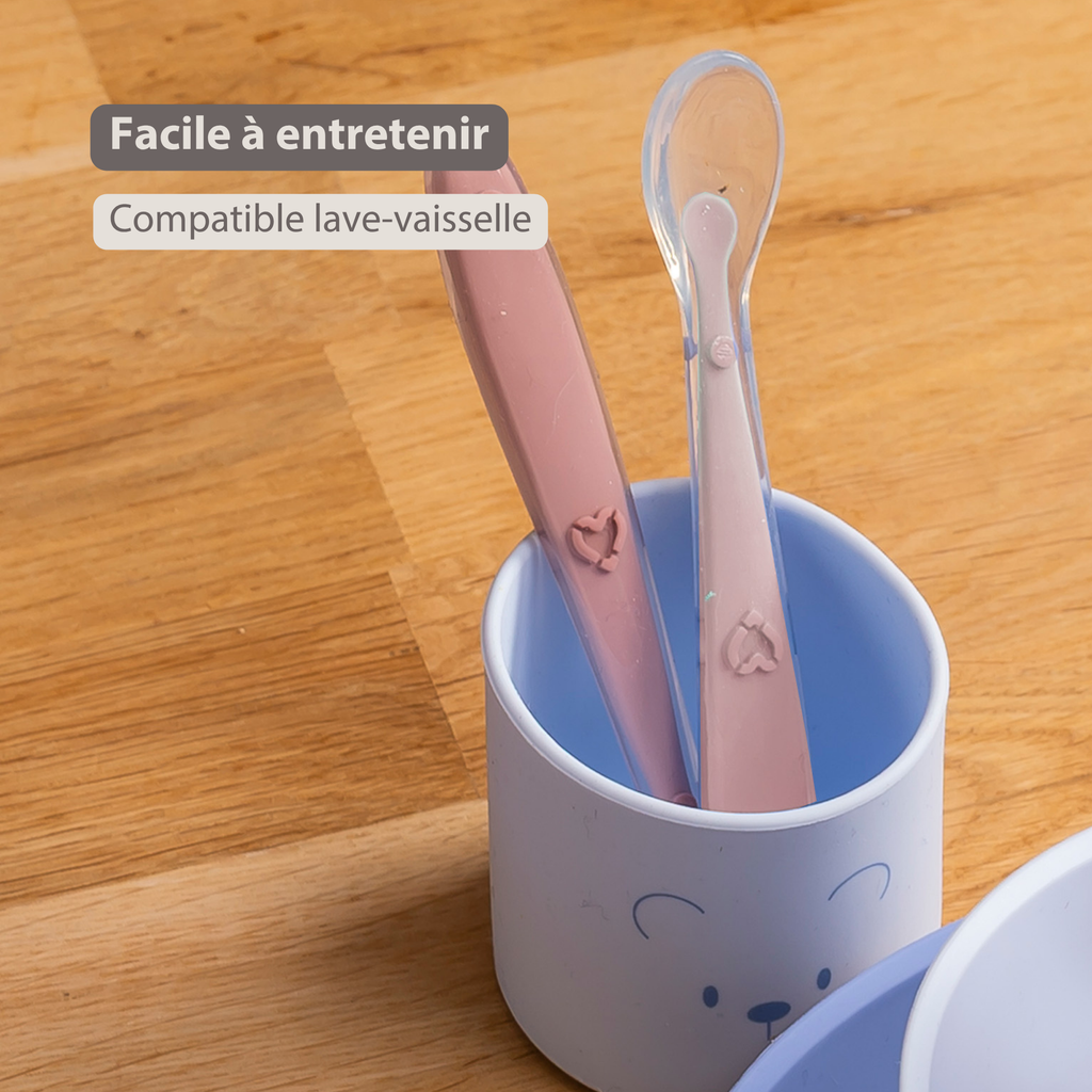 Mealtime Eating Sets - Silicone Spoons for Children - 2 Pieces - 16 cm - Storage Box for 1 Spoon - BPA-Free - Powder Pink [FR]