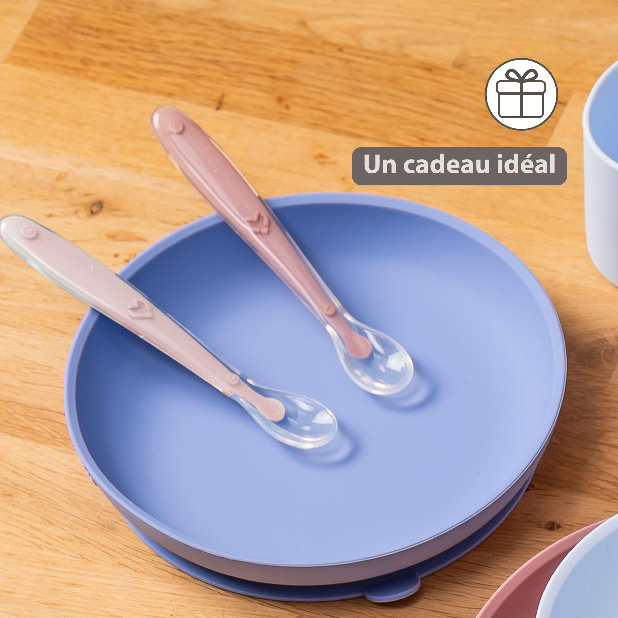 Mealtime Eating Sets - Silicone Spoons for Children - 2 Pieces - 16 cm - Storage Box for 1 Spoon - BPA-Free - Powder Pink [FR]
