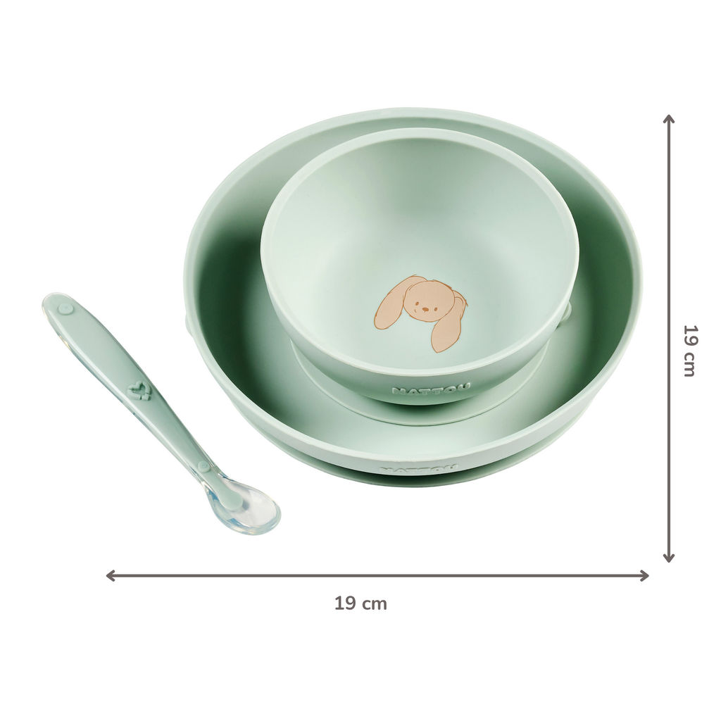 Mealtime Silicone Tableware Set for Children, 3 pcs with Suction - Linden Green [DE]