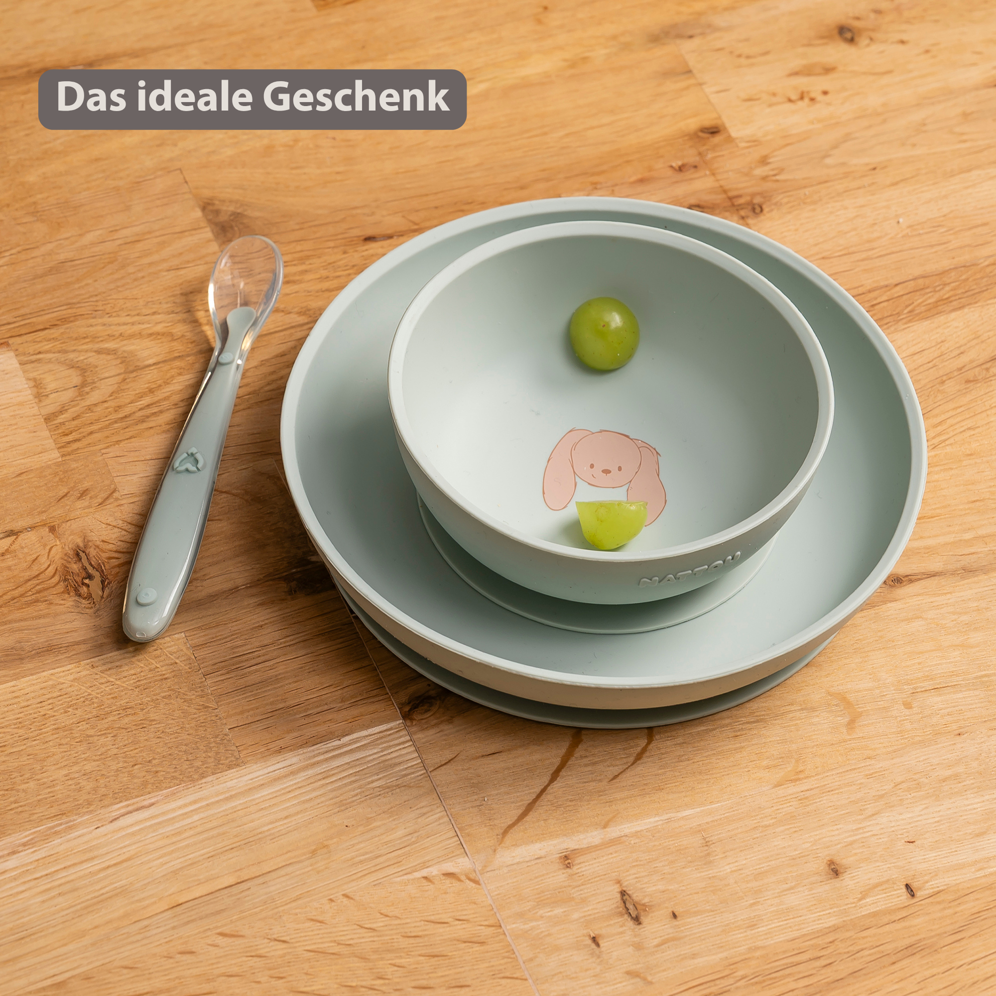 Mealtime Silicone Tableware Set for Children, 3 pcs with Suction - Linden Green [DE]
