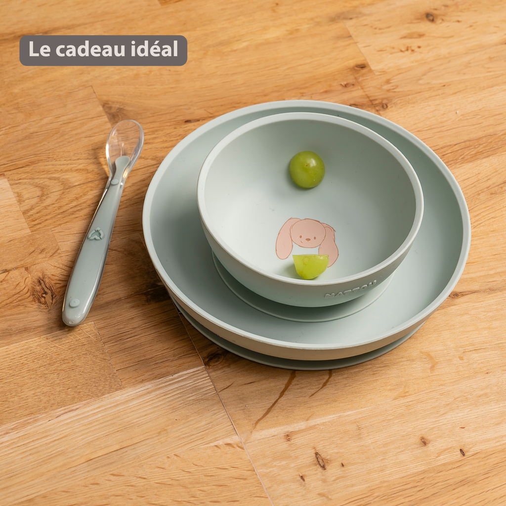 Mealtime Silicone Tableware Set for Children, 3 pcs with Suction - Linden Green [FR]