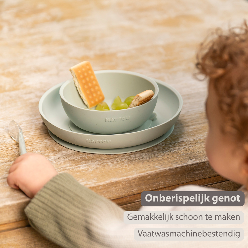 Mealtime Silicone Tableware Set for Children, 3 pcs with Suction - Linden Green [NL]