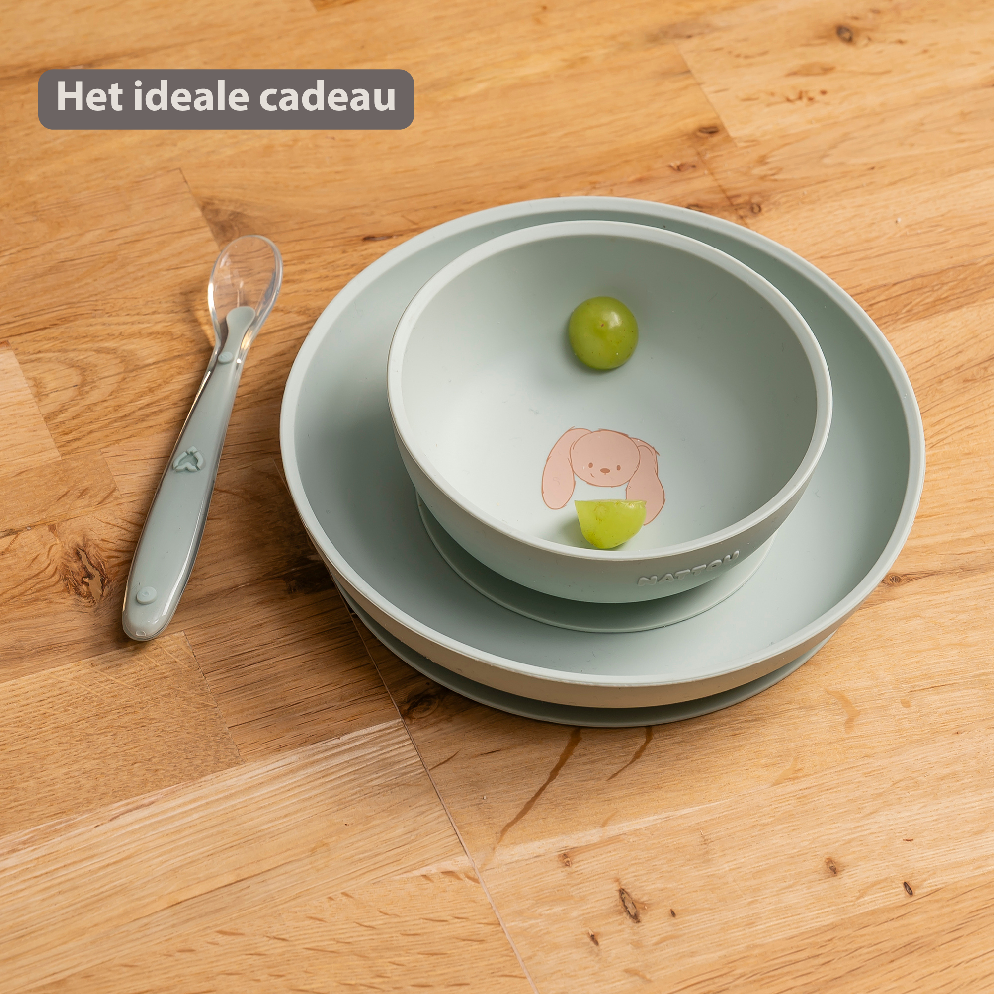 Mealtime Silicone Tableware Set for Children, 3 pcs with Suction - Linden Green [NL]