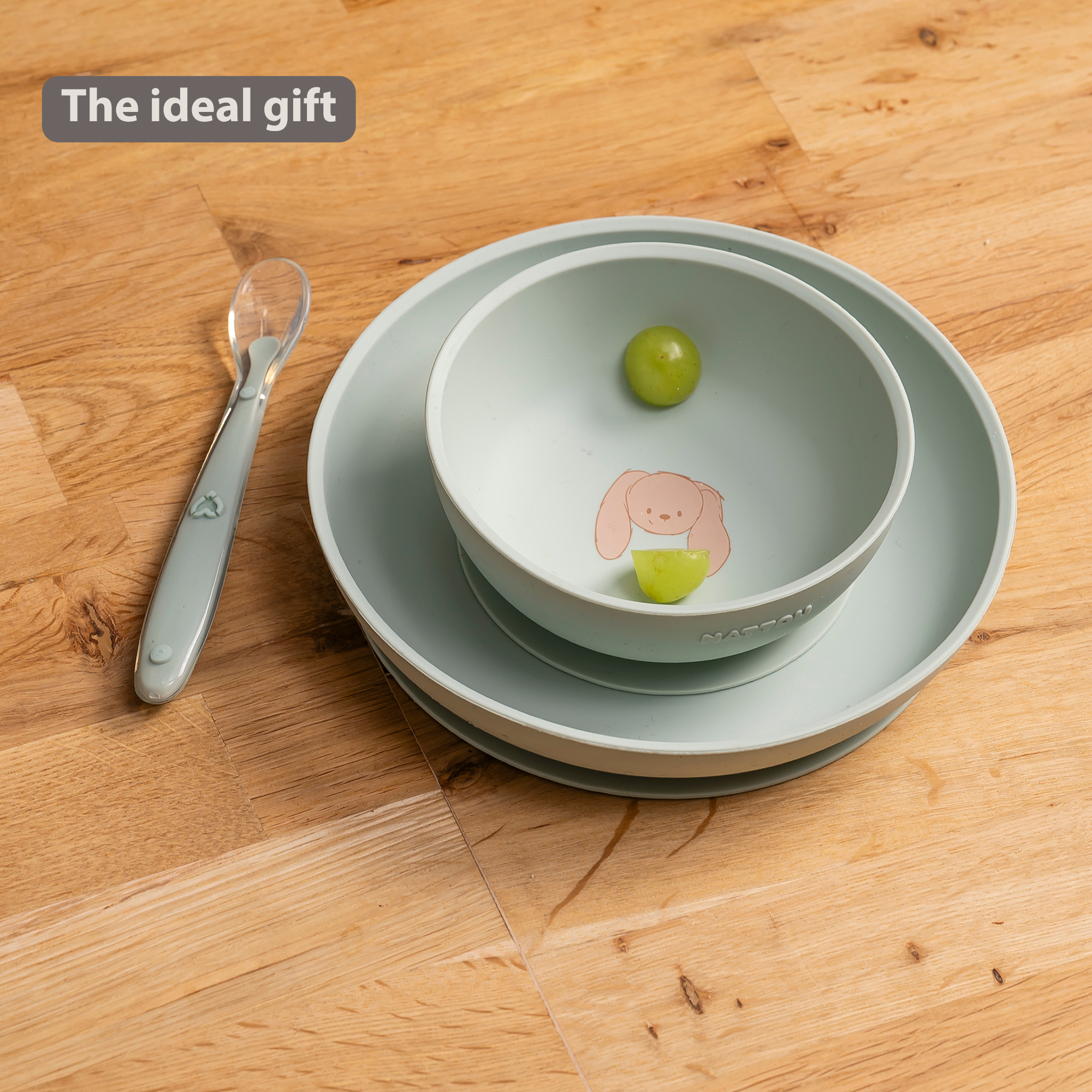 Mealtime Silicone Tableware Set for Children, 3 pcs with Suction - Linden Green [EN]