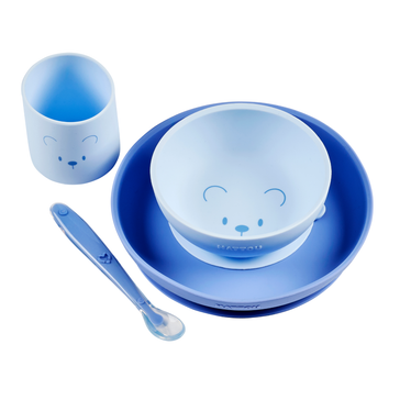 Mealtime Bär Geschirrset für Kinder Silikon 4 Teile - Teller + Schale + Becher + Löffel - Rutschfest - BPA-frei - Blau