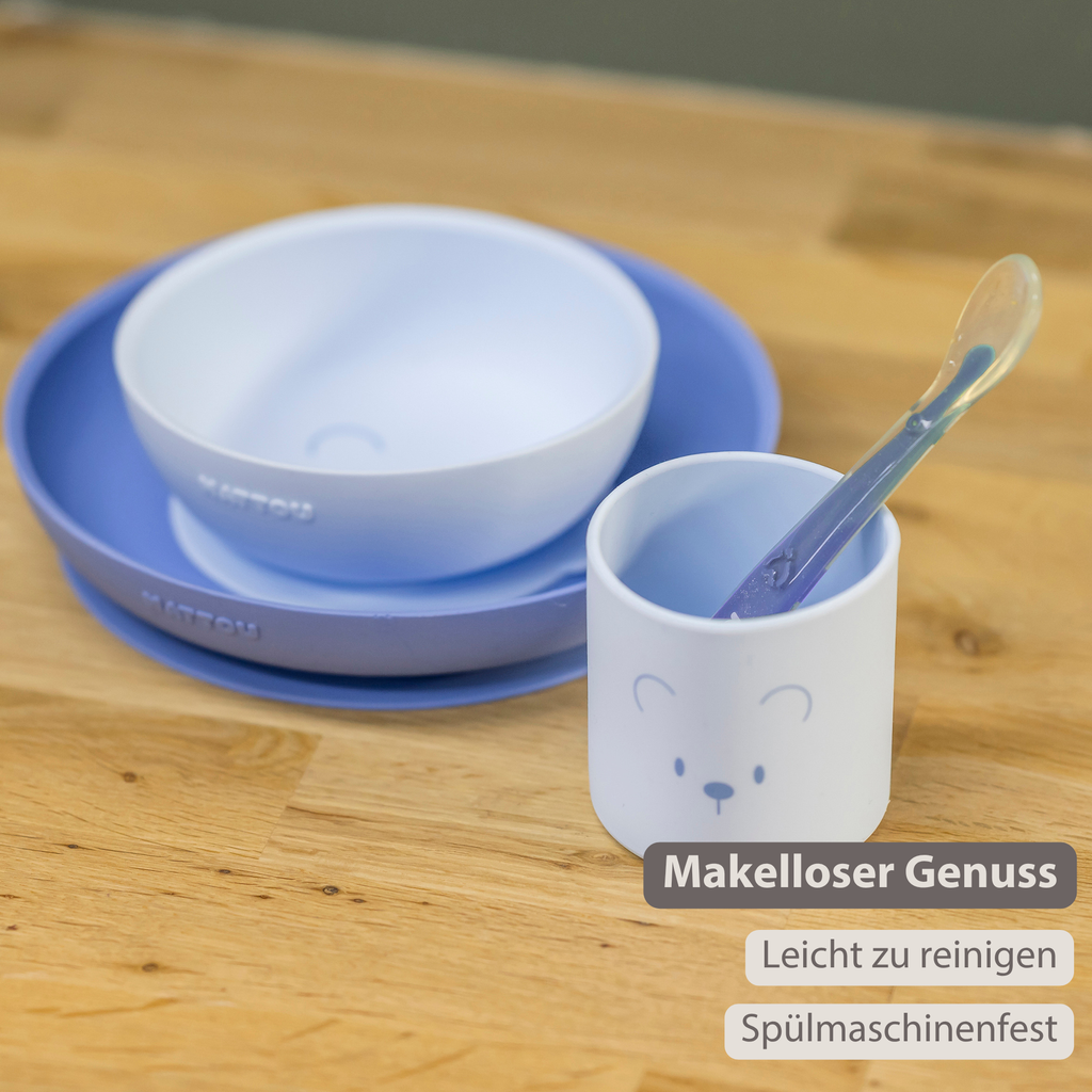 Mealtime Silicone Tableware Set for Children, 4 pcs with Suction - Blue [DE]