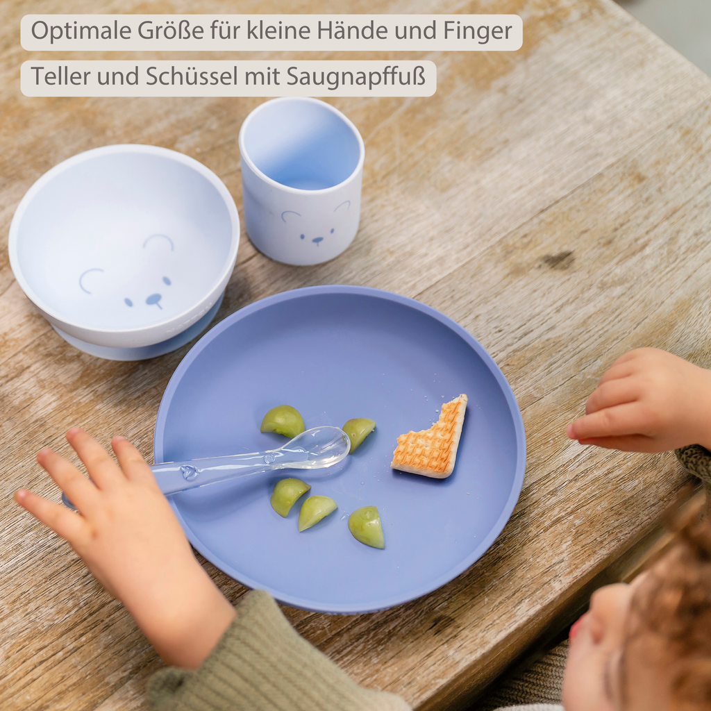 Mealtime Silicone Tableware Set for Children, 4 pcs with Suction - Blue [DE]